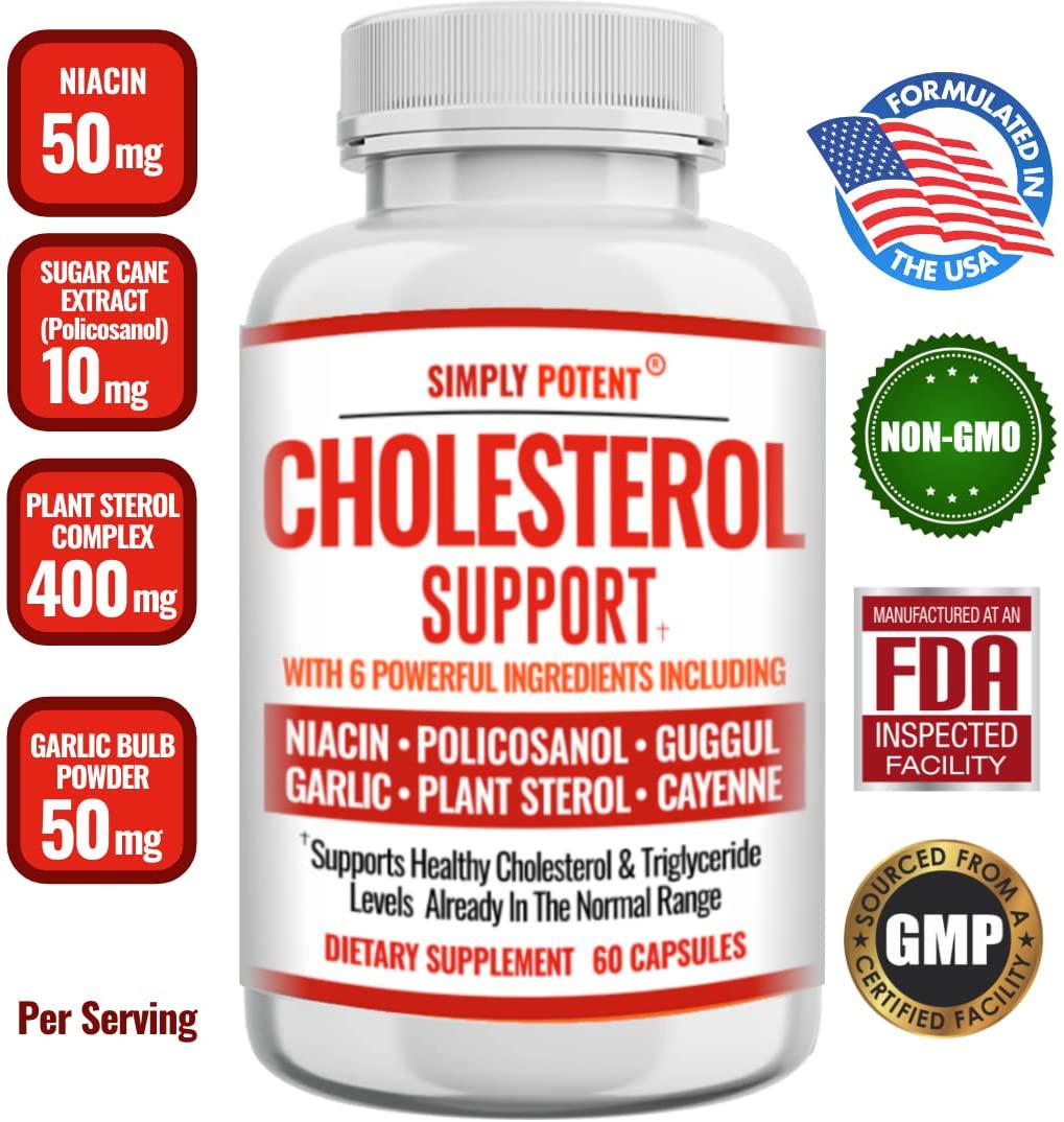 Cholesterol Support Supplement for Heart Health with Niacin and Garlic Powder, Helps Lower High Cholesterol Bad LDL and Triglyceride Naturally, High Cholesterol Reducing Supplement, 60 Capsules