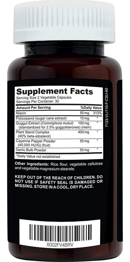 Cholesterol and Triglyceride Lowering Supplement for High Blood Pressure. Cayenne Pepper with Capsaicin, Garlic, Guggul, Vitamin B3, Niacin, Beta Sitosterol. 60 Capsules. Clinical Daily