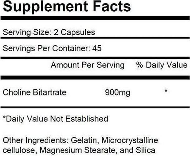 Choline Bitartrate 900mg per serving 90 capsules KRK SUPPLEMENTS