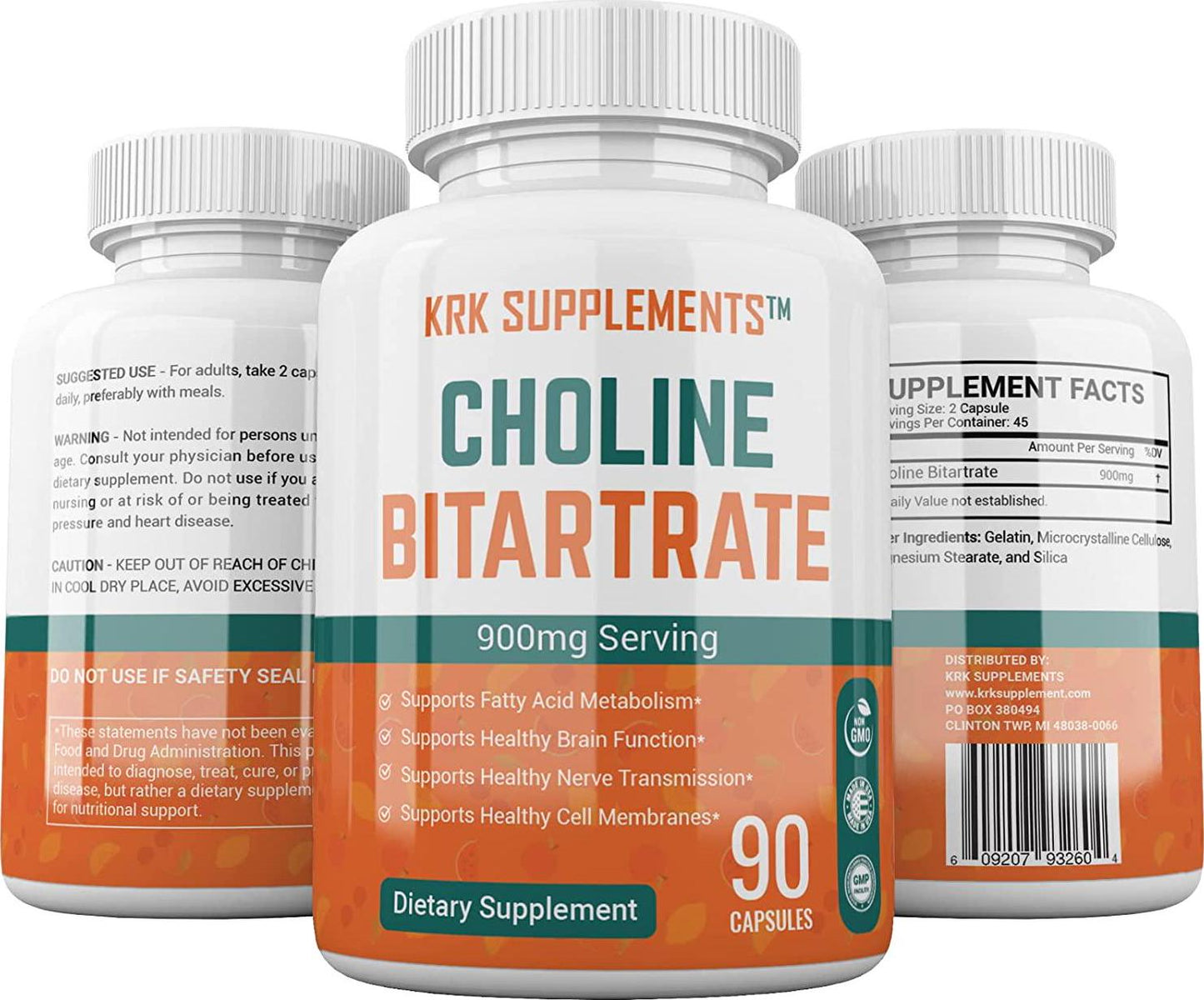 Choline Bitartrate 900mg per serving 90 capsules KRK SUPPLEMENTS