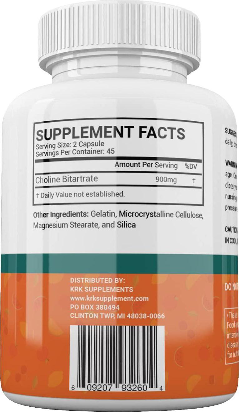 Choline Bitartrate 900mg per serving 90 capsules KRK SUPPLEMENTS