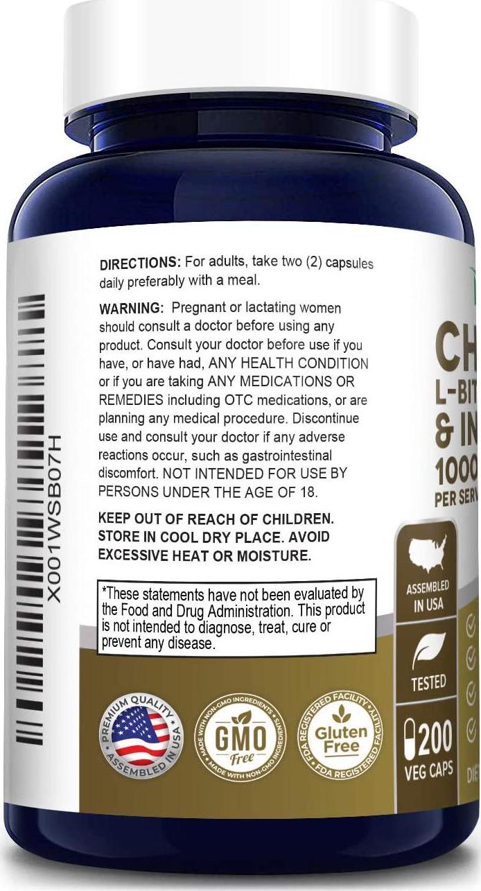 Choline and Inositol 1000mg 200 Veggie Caps (100% Vegetarian, Non-GMO and Gluten Free) Brain Health Supplement - All Natural Ingredients - Promotes Healthy Brain and Nerve Function