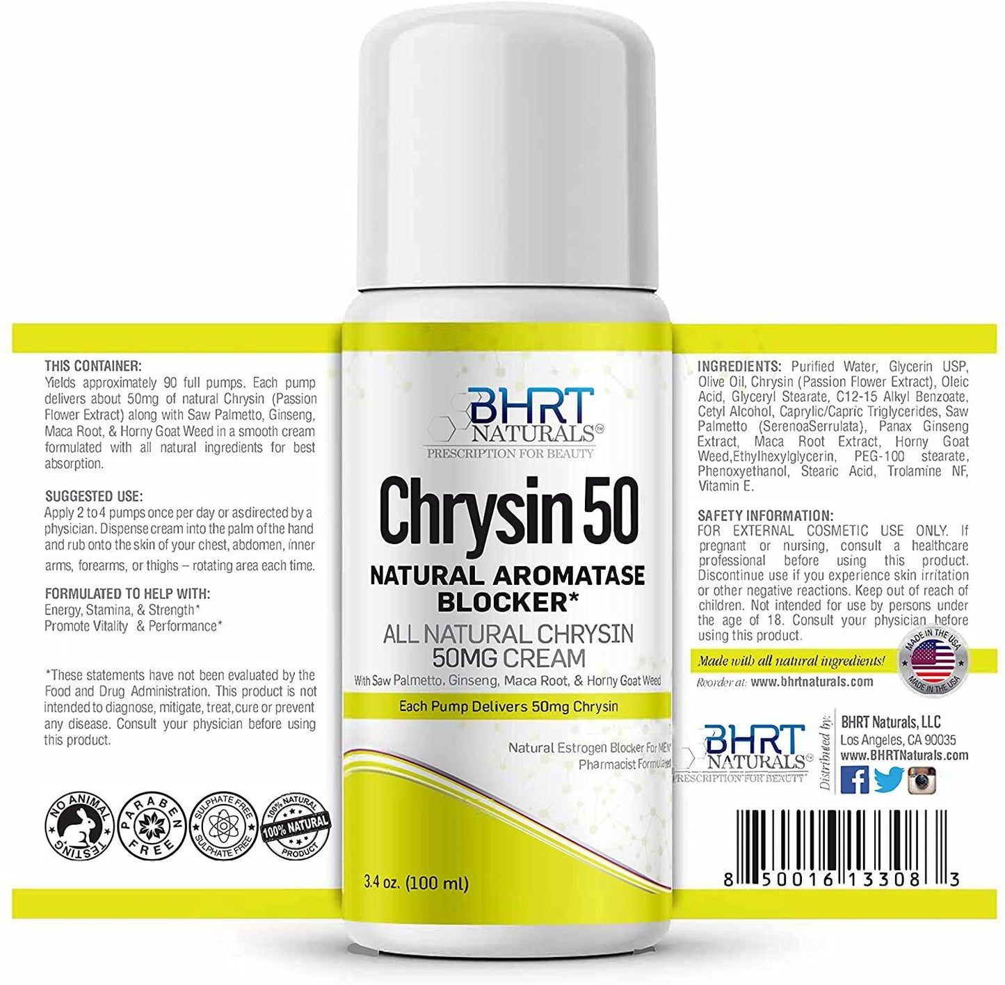Chrysin Cream 50mg for Men - Natural Aromatase Inhibitor - Anti Estrogen Blocker Supplement - Support Hormone Balance - 90 Day Supply, USA Made, Pharmacist Formulated