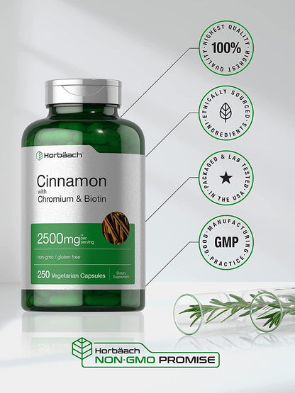 Cinnamon Capsules 2500mg | 250 Count | with Chromium and Biotin | Vegetarian, Non-GMO, Gluten Free | by Horbaach