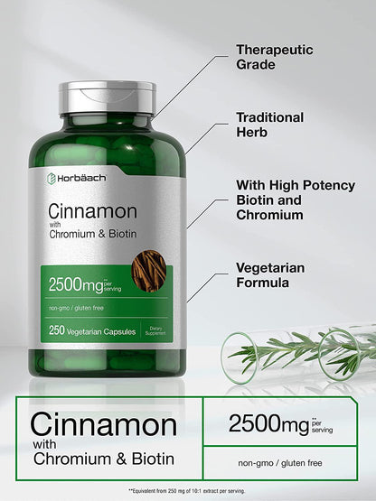 Cinnamon Capsules 2500mg | 250 Count | with Chromium and Biotin | Vegetarian, Non-GMO, Gluten Free | by Horbaach