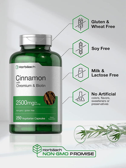 Cinnamon Capsules 2500mg | 250 Count | with Chromium and Biotin | Vegetarian, Non-GMO, Gluten Free | by Horbaach