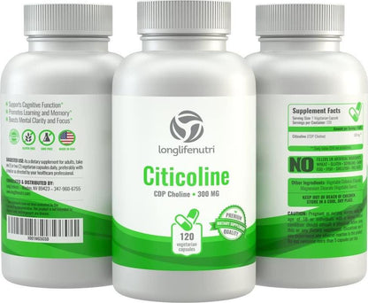 Citicoline CDP Choline 300mg - 120 Vegetarian Capsules Made in USA | Promotes Brain Function | Supports Memory Focus and Mental Clarity | Cognitive Enhancer | Attention and Learning Supplement 300 mg Pill