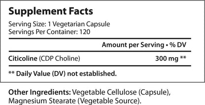 Citicoline CDP Choline 300mg - 120 Vegetarian Capsules Made in USA | Promotes Brain Function | Supports Memory Focus and Mental Clarity | Cognitive Enhancer | Attention and Learning Supplement 300 mg Pill