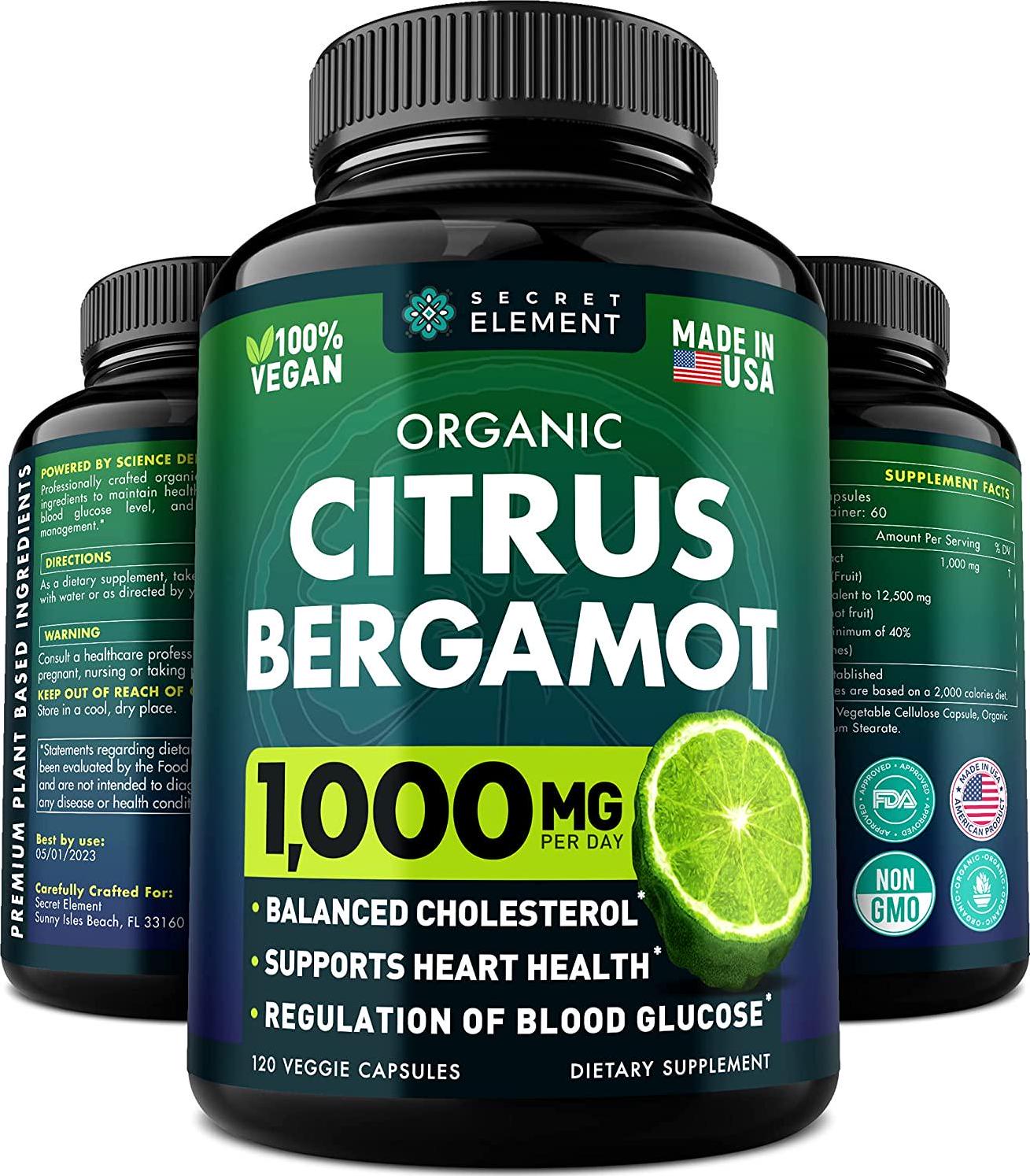 Citrus Bergamot 1000mg - Organic Cholesterol Supplements with Pure Bergamot Extract - Supports Heart and Cardiovascular Health - High Absorption Rate - Non-GMO and Vegan - 120 Bergamot Capsules