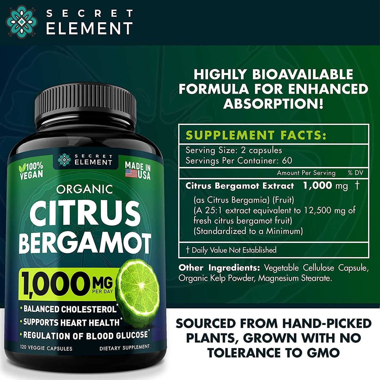 Citrus Bergamot 1000mg - Organic Cholesterol Supplements with Pure Bergamot Extract - Supports Heart and Cardiovascular Health - High Absorption Rate - Non-GMO and Vegan - 120 Bergamot Capsules
