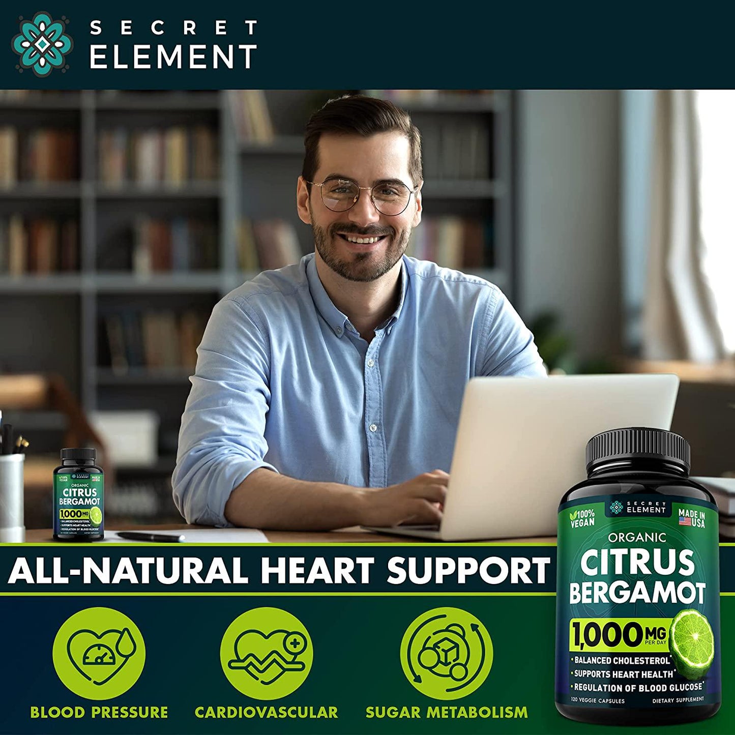 Citrus Bergamot 1000mg - Organic Cholesterol Supplements with Pure Bergamot Extract - Supports Heart and Cardiovascular Health - High Absorption Rate - Non-GMO and Vegan - 120 Bergamot Capsules