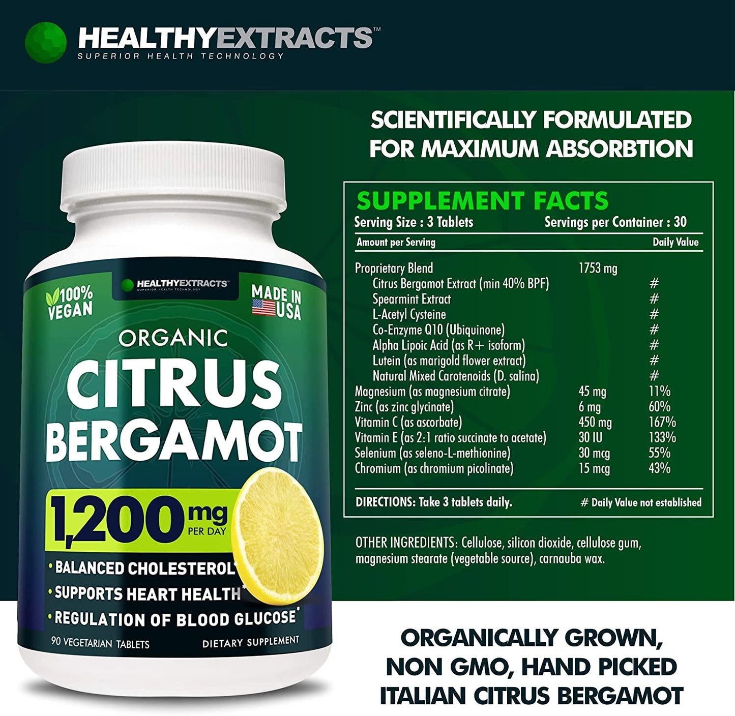 Citrus Bergamot 1500mg - Organic Cholesterol Supplement with Pure High Potency Bergamot Extract - Heart and Cardiovascular Health Support - Vegan Friendly, Diary, Gluten, Soy and GMO Free - 90 Tabs