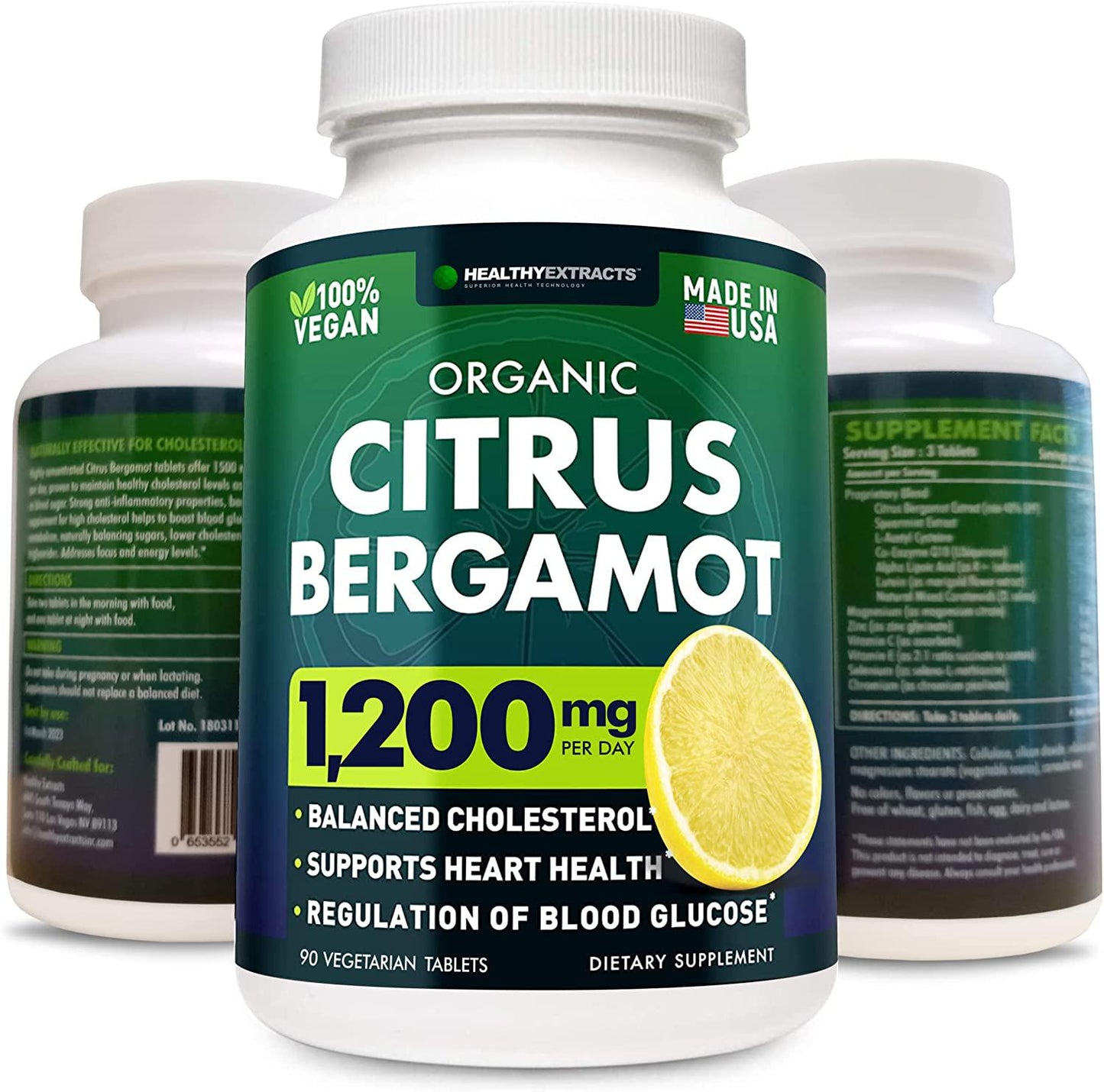 Citrus Bergamot 1500mg - Organic Cholesterol Supplement with Pure High Potency Bergamot Extract - Heart and Cardiovascular Health Support - Vegan Friendly, Diary, Gluten, Soy and GMO Free - 90 Tabs