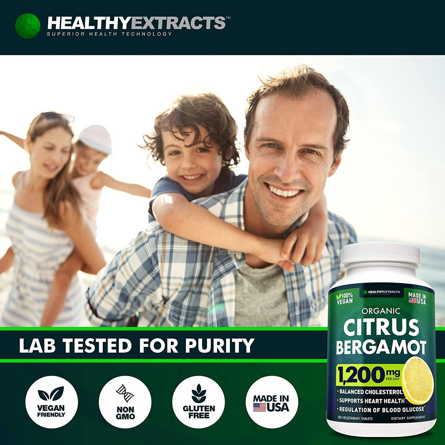 Citrus Bergamot 1500mg - Organic Cholesterol Supplement with Pure High Potency Bergamot Extract - Heart and Cardiovascular Health Support - Vegan Friendly, Diary, Gluten, Soy and GMO Free - 90 Tabs