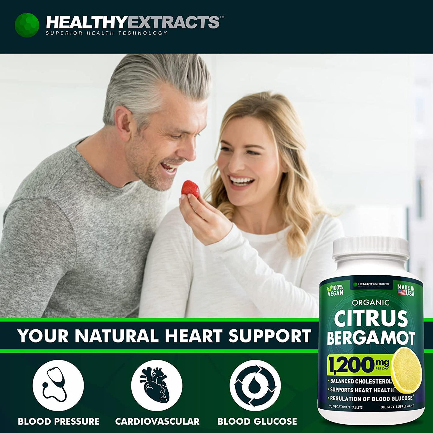 Citrus Bergamot 1500mg - Organic Cholesterol Supplement with Pure High Potency Bergamot Extract - Heart and Cardiovascular Health Support - Vegan Friendly, Diary, Gluten, Soy and GMO Free - 90 Tabs