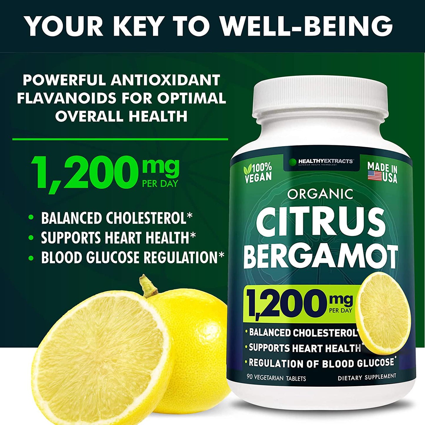 Citrus Bergamot 1500mg - Organic Cholesterol Supplement with Pure High Potency Bergamot Extract - Heart and Cardiovascular Health Support - Vegan Friendly, Diary, Gluten, Soy and GMO Free - 90 Tabs