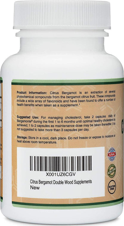 Citrus Bergamot Capsules 500 mg (Patented Bergamonte Vegan Cholesterol Support Extract) Citrus Bioflavonoids Supplement for Healthly Cholestorol Levels, 60 Capsules by Double Wood Supplements