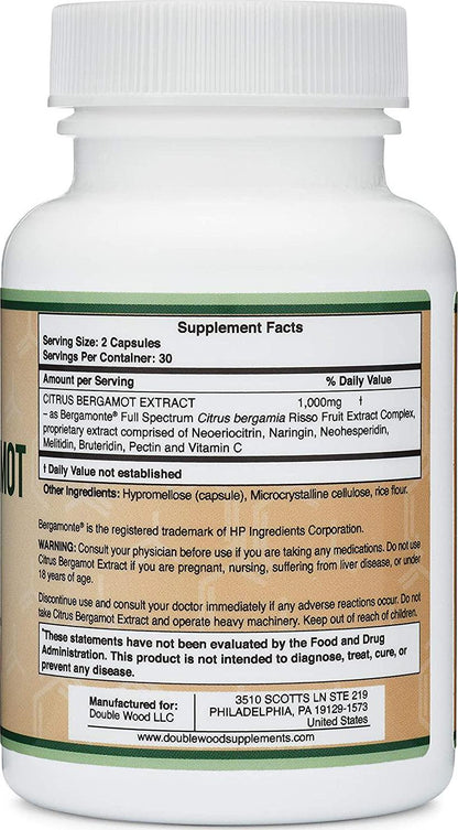 Citrus Bergamot Capsules 500 mg (Patented Bergamonte Vegan Cholesterol Support Extract) Citrus Bioflavonoids Supplement for Healthly Cholestorol Levels, 60 Capsules by Double Wood Supplements