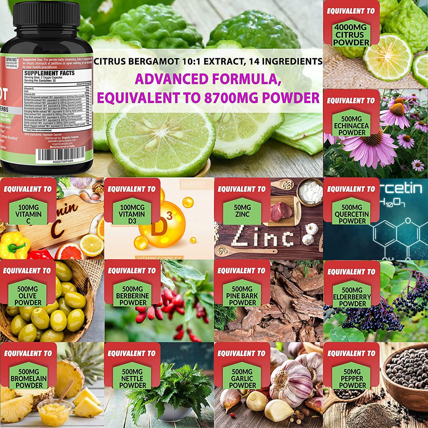 Citrus Bergamot Extract Capsules 8700mg and VitaminC, D3, Zin.C, Berberine, Quercetin, Elderberry, Bromelain, Olive and More | High Cholesterol Levels Lowering | Promotes Blood Sugar Pressure