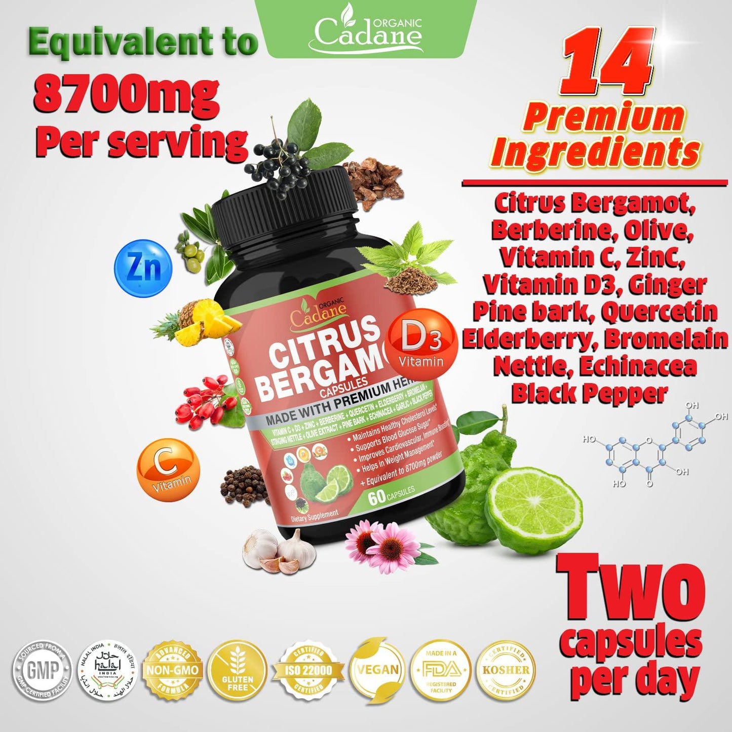 Citrus Bergamot Extract Capsules 8700mg and VitaminC, D3, Zin.C, Berberine, Quercetin, Elderberry, Bromelain, Olive and More | High Cholesterol Levels Lowering | Promotes Blood Sugar Pressure