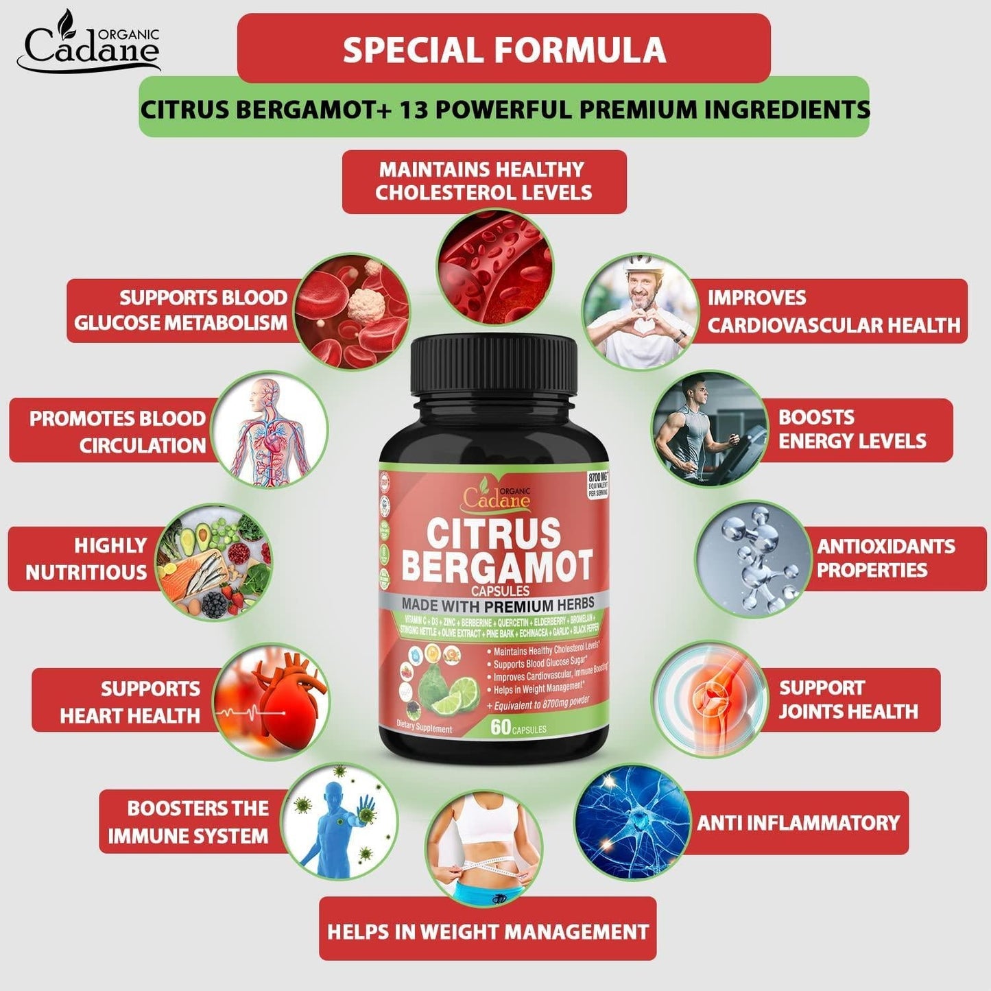 Citrus Bergamot Extract Capsules 8700mg and VitaminC, D3, Zin.C, Berberine, Quercetin, Elderberry, Bromelain, Olive and More | High Cholesterol Levels Lowering | Promotes Blood Sugar Pressure