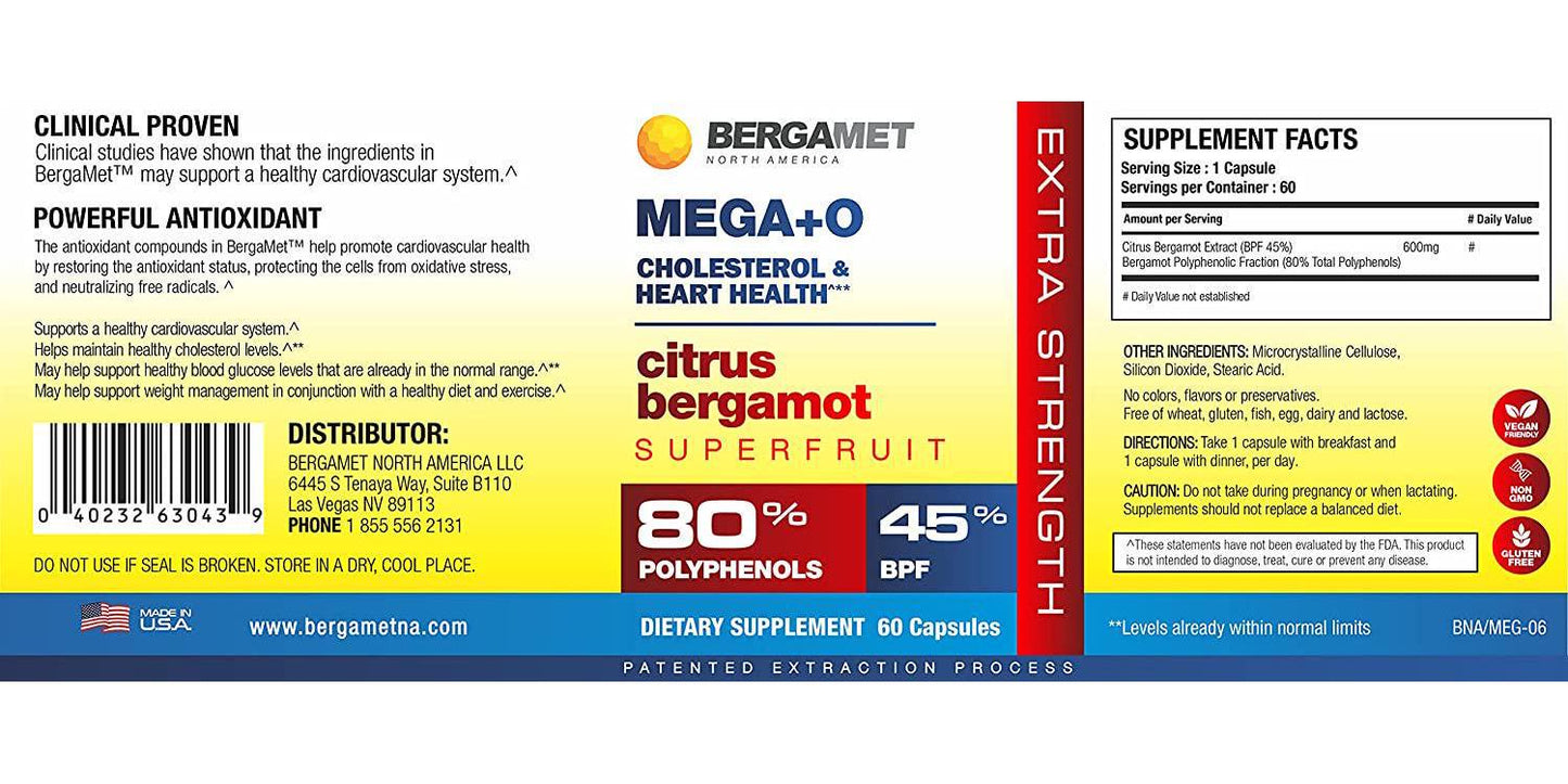 Citrus Bergamot MEGA+O 40% BPF 600mg 120 Tablets - Extra Strength Natural Cholesterol and Heart Supplements w/ Multiple Clinical Studies. Lower Blood Glucose. Statin Reducer. Non-GMO. Vegetarian.