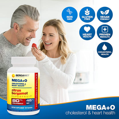 Citrus Bergamot MEGA+O 40% BPF 600mg 60 Tablets - Extra Strength Natural Cholesterol and Heart Supplements w/ Multiple Clinical Studies. Manage Blood Glucose and Blood Sugar. Non-GMO. Vegetarian.