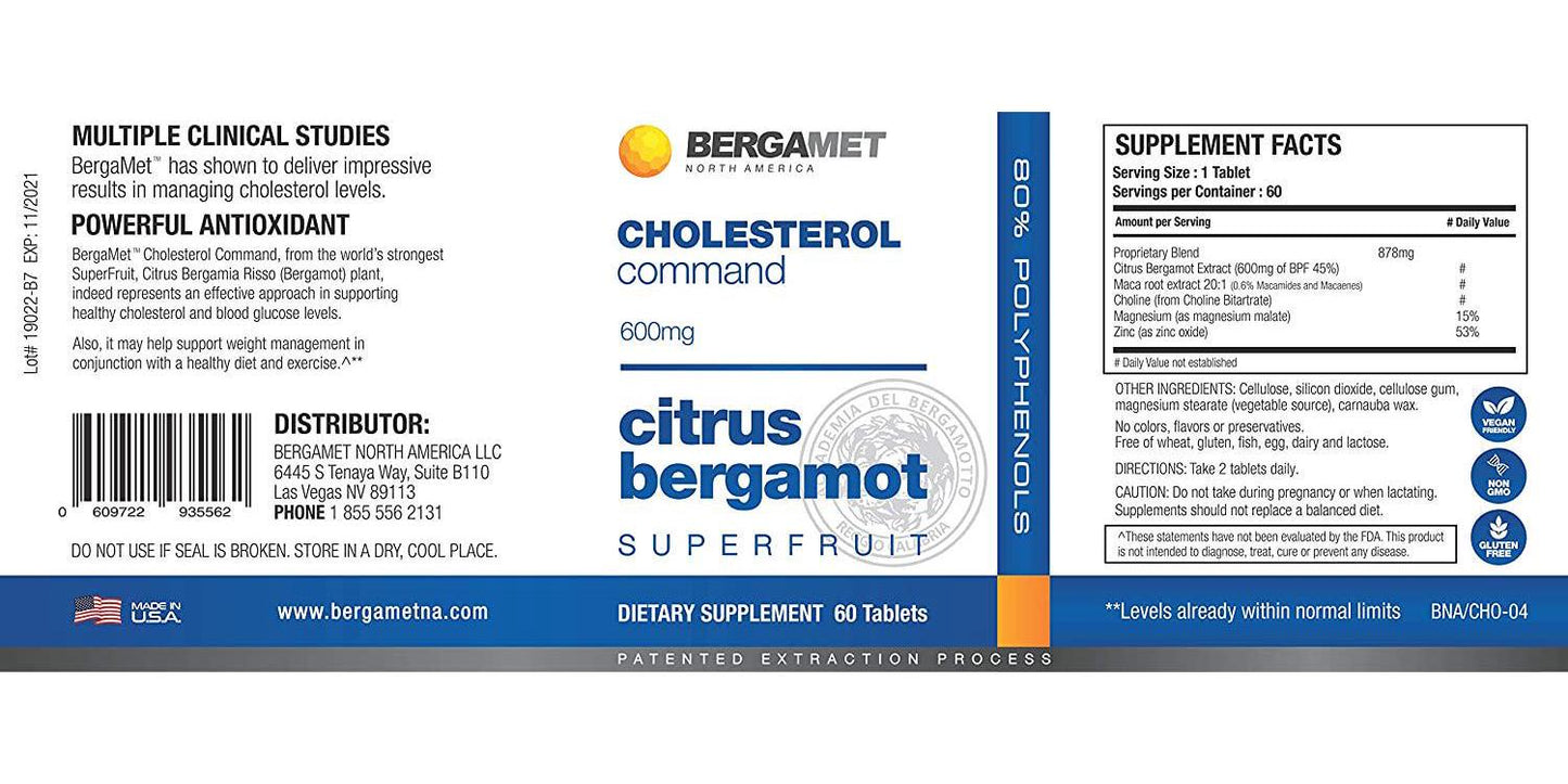 Citrus Bergamot SuperFruit | Cholesterol Command | 80% Polyphenol Formula | Maintain Healthy Cholesterol, Heart and Blood Glucose Levels | High Strength | Supported by Clinical Studies | 1 Month 60 Tabs