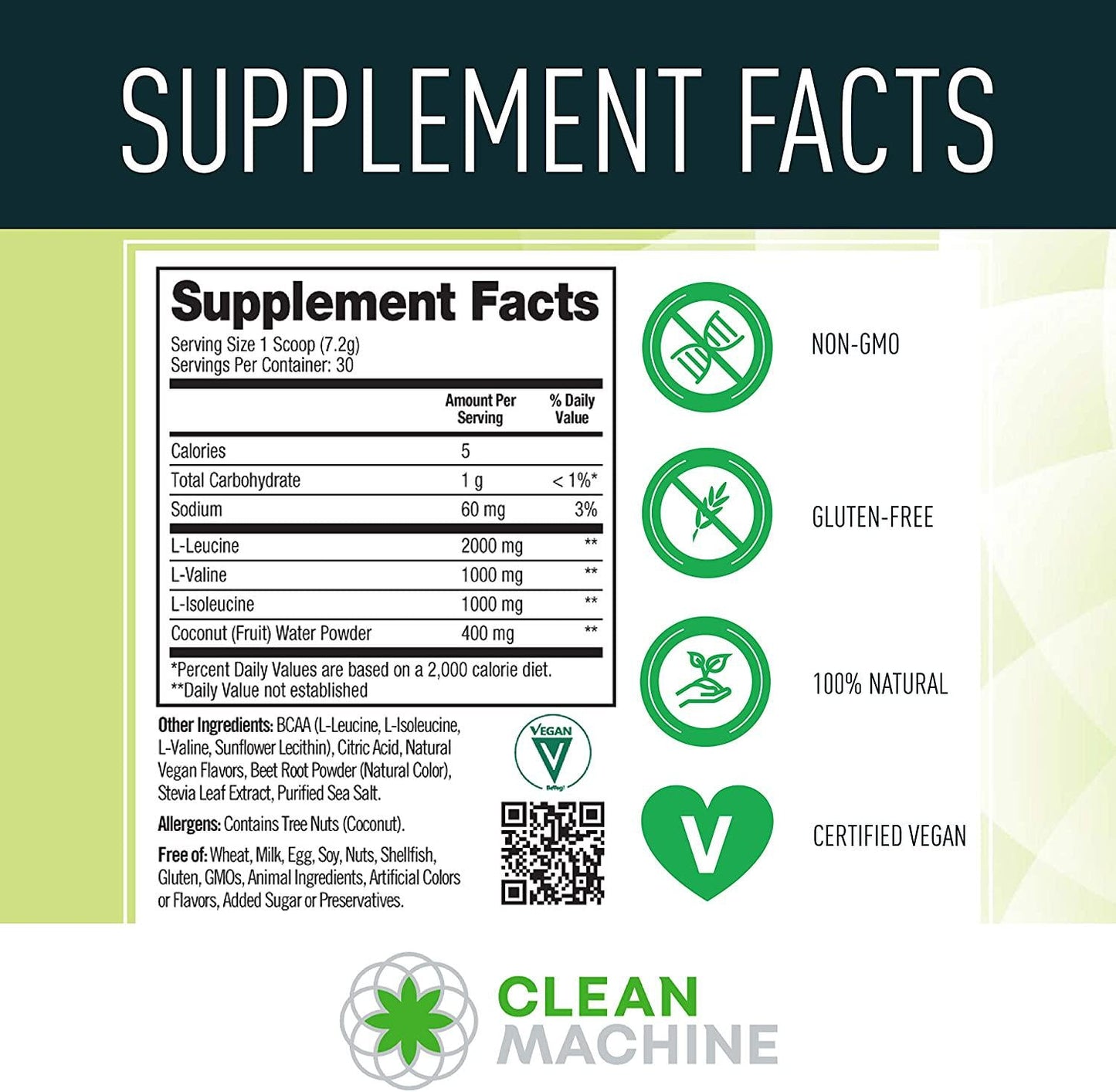 Clean BCAA - Natural Food Sourced Vegan BCAAs and Organic Coconut Water Electrolytes - Vegan Amino Acid Supplement - Fruit Punch - 216g