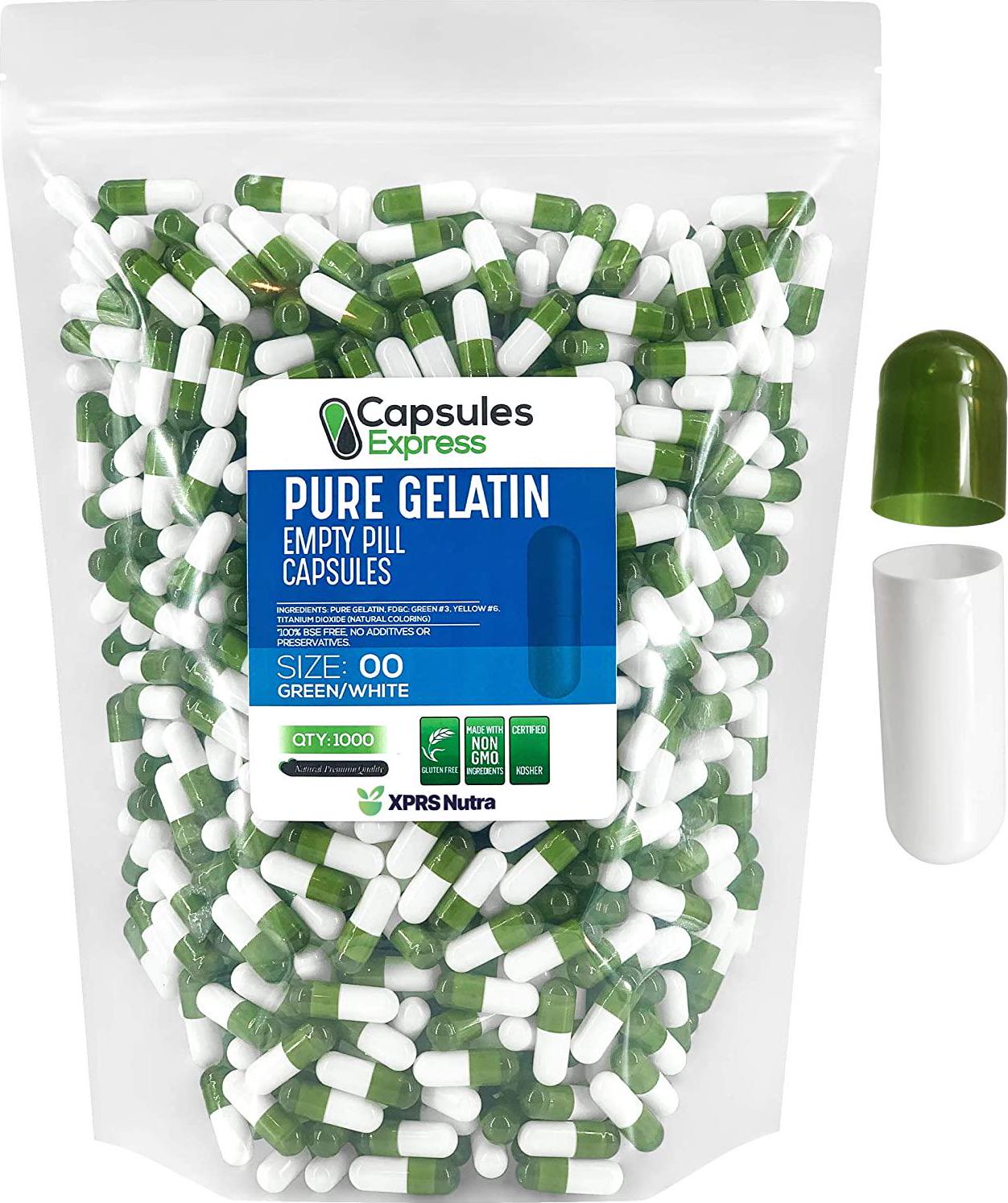 Clear Green and White Size 00 Empty Gelatin Gelcaps Capsules - Halal and Kosher Certified by Capsules Express (1000)