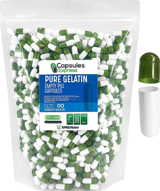 Clear Green and White Size 00 Empty Gelatin Gelcaps Capsules - Halal and Kosher Certified by Capsules Express (1000)