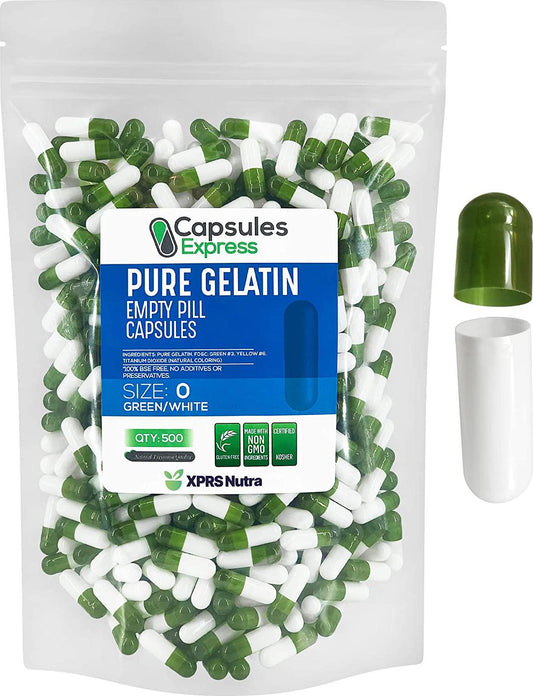 Clear Green and White Size 0 Empty Gelatin Gelcaps Capsules - Halal and Kosher Certified by Capsules Express (500)