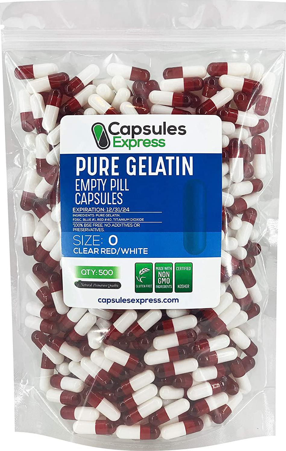 Clear Red and White Size 0 Empty Gelatin Gelcaps Capsules - Halal and Kosher Certified by Capsules Express (500)