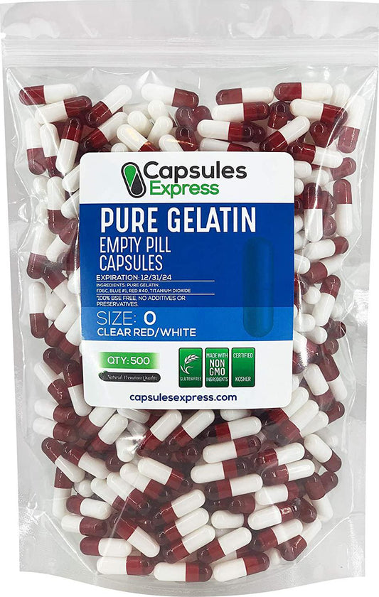 Clear Red and White Size 0 Empty Gelatin Gelcaps Capsules - Halal and Kosher Certified by Capsules Express (500)
