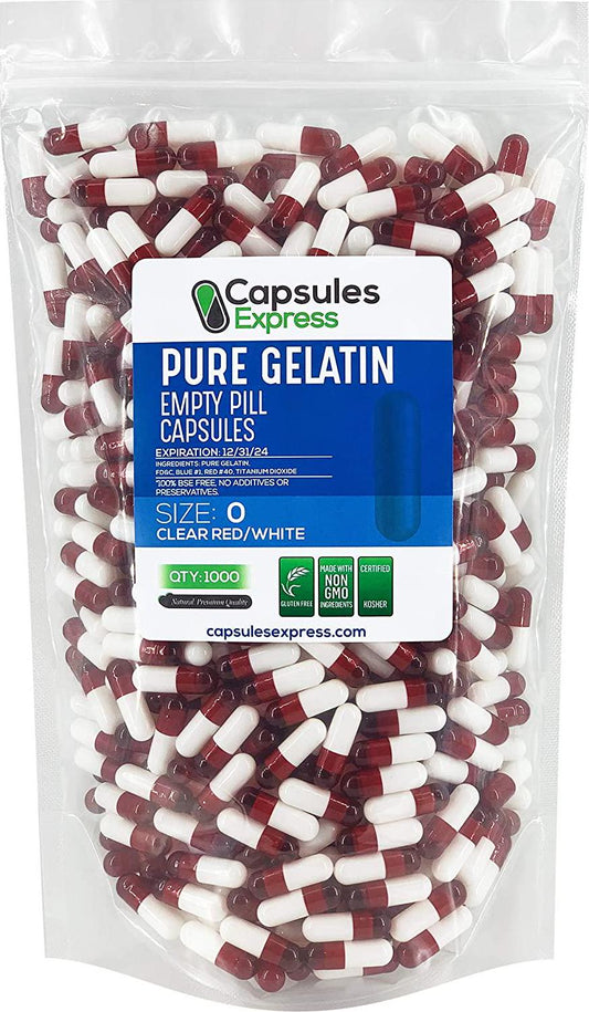 Clear Red and White Size 0 Empty Gelatin Gelcaps Capsules - Halal and Kosher Certified by Capsules Express (1000)
