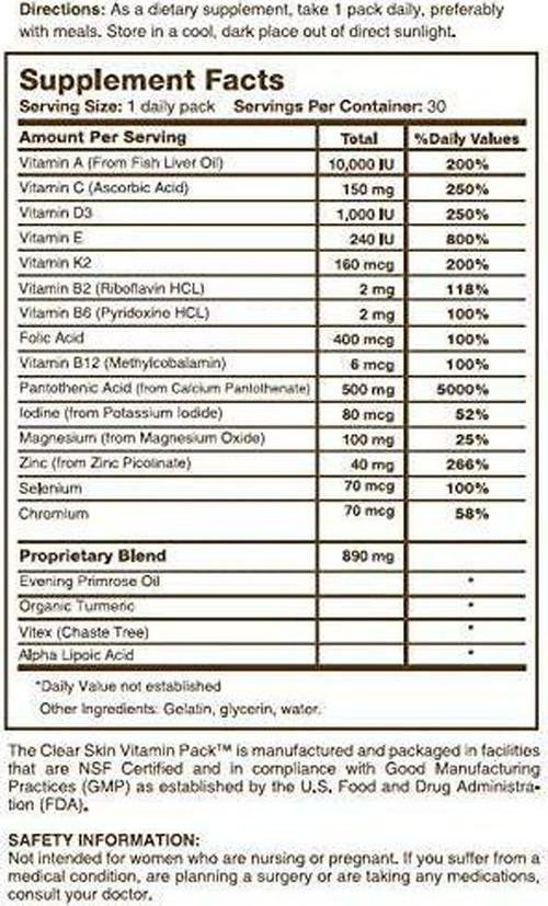 Clear Skin Vitamin Pack Acne Supplement by Innate Skin - 30 Day Supply of Acne Vitamins - Soy Free, Dairy Free Dietary Supplement - Zinc Picolinate Supplement