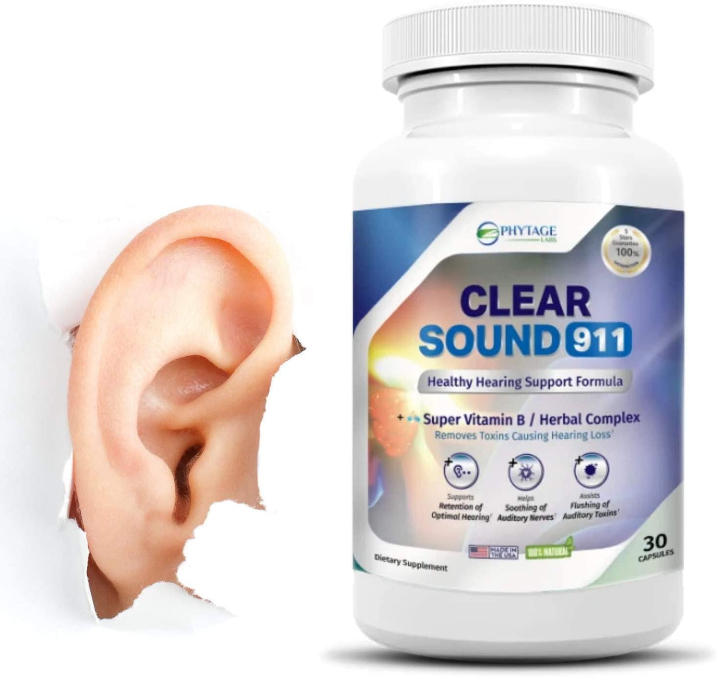 Clear Sound 911 Healthy Hearing Support Formula, Ear and Brain Health Supplement, Natural Hearing Support Formula, Promotes Healthy Auditory Function - 30 Capsules