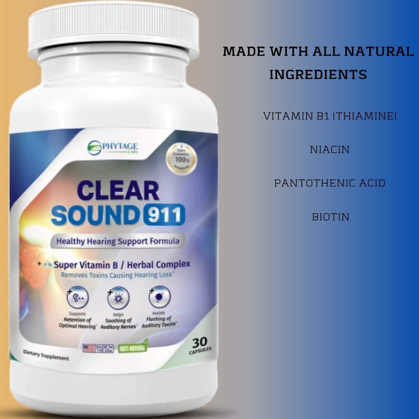 Clear Sound 911 Healthy Hearing Support Formula, Ear and Brain Health Supplement, Natural Hearing Support Formula, Promotes Healthy Auditory Function - 30 Capsules