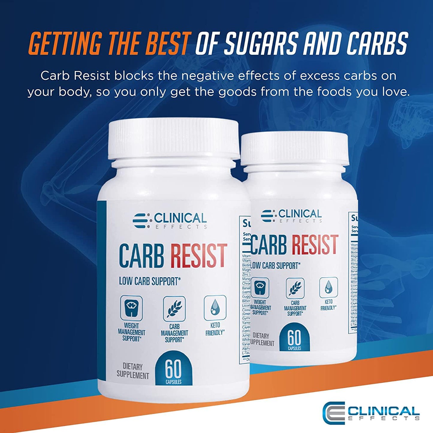 Clinical Effects Carb Resist - Carb Blocker with Vitamin C - 60 Capsules - Ideal for Keto or Low Carb Lifestyle - Supports Heart Health and Weight Management - Plant-Based