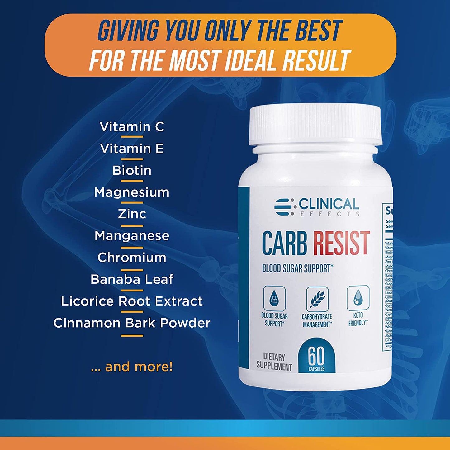 Clinical Effects Carb Resist - Carb Blocker with Vitamin C - 60 Capsules - Ideal for Keto or Low Carb Lifestyle - Supports Heart Health and Weight Management - Plant-Based
