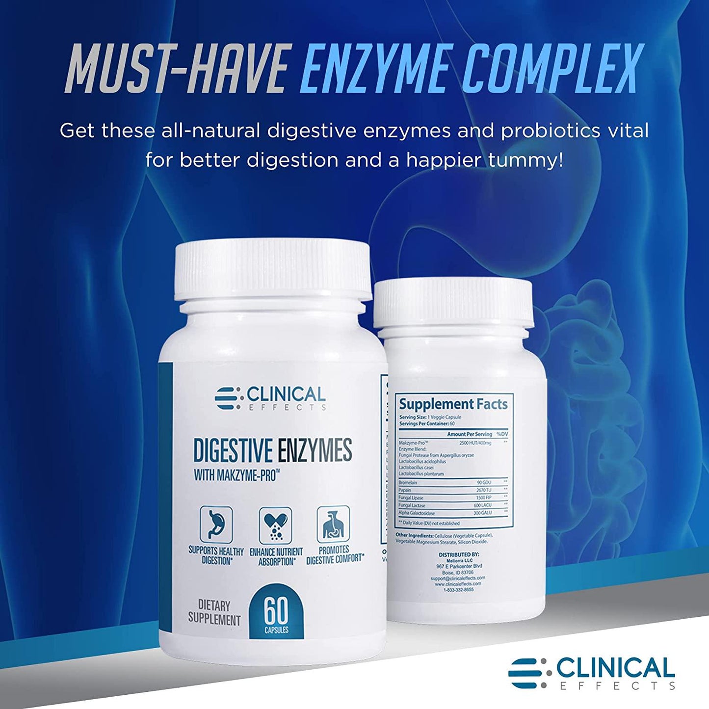 Clinical Effects Digestive Enzymes with Makzyme-Pro - Gut Health Enzyme and Probiotic Supplement to Support Digestion, Nutrient Absorption, Digestive Comfort - 60 Vegan Supplement Capsules - USA Made