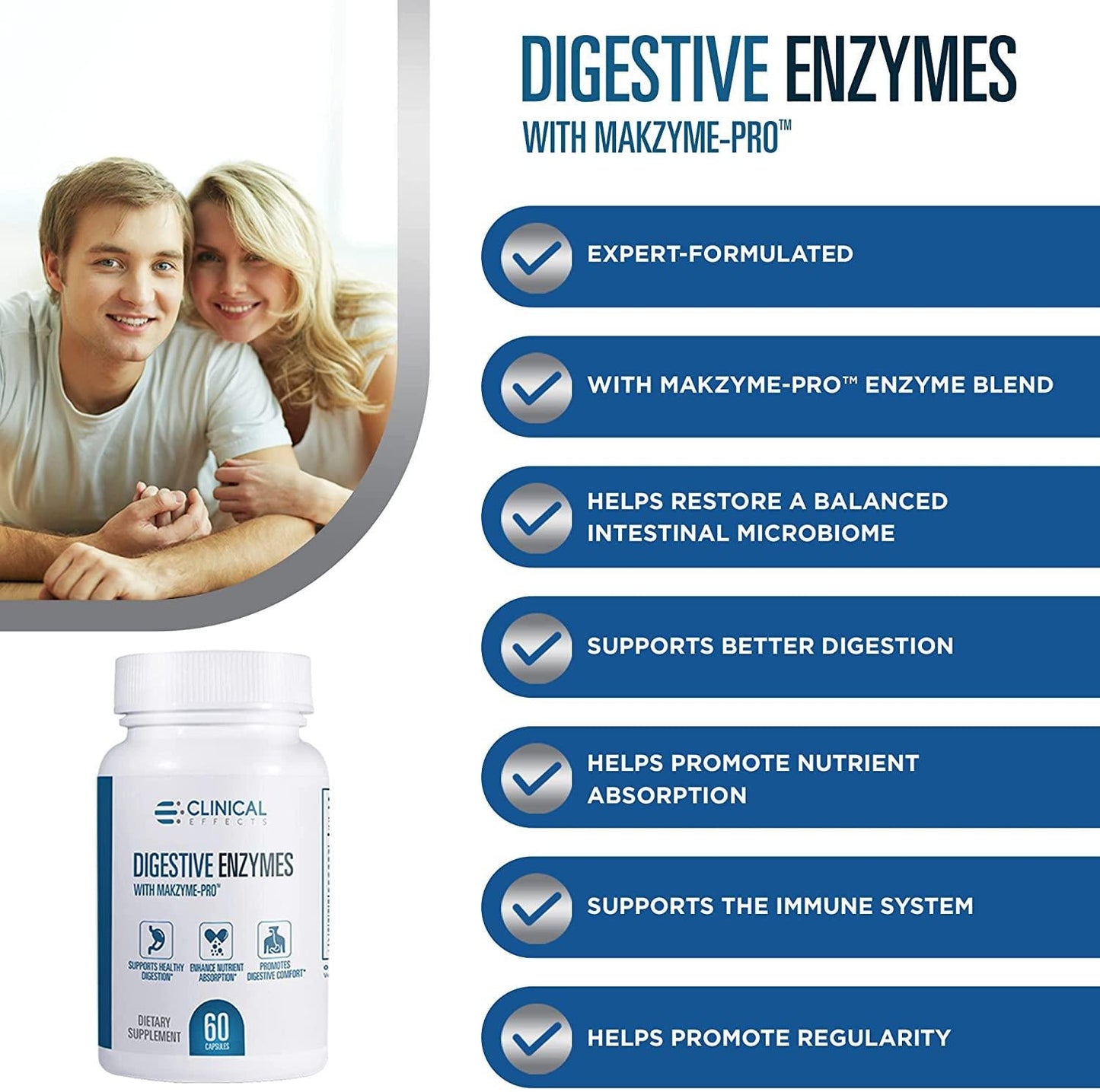 Clinical Effects Digestive Enzymes with Makzyme-Pro - Gut Health Enzyme and Probiotic Supplement to Support Digestion, Nutrient Absorption, Digestive Comfort - 60 Vegan Supplement Capsules - USA Made