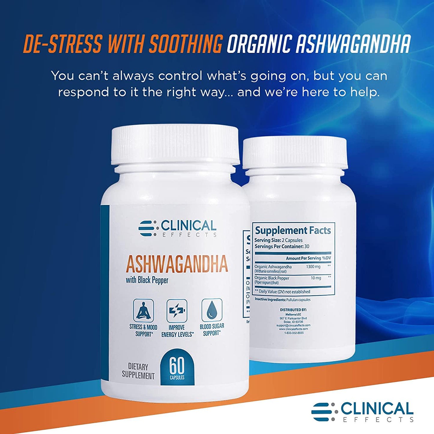 Clinical Effects: Organic Ashwagandha - Natural Stress Relief and Stamina Support - 60 Capsules - with Black Pepper for Enhanced Absorption - No GMO - Suitable for Vegetarians - Made in The USA