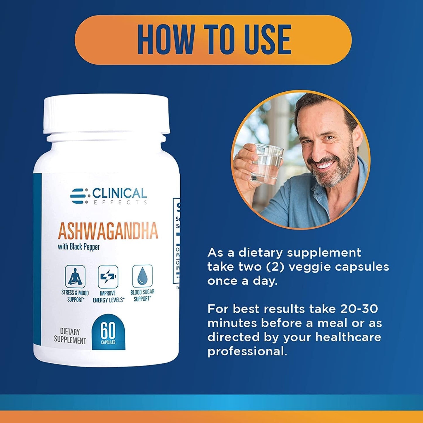 Clinical Effects: Organic Ashwagandha - Natural Stress Relief and Stamina Support - 60 Capsules - with Black Pepper for Enhanced Absorption - No GMO - Suitable for Vegetarians - Made in The USA