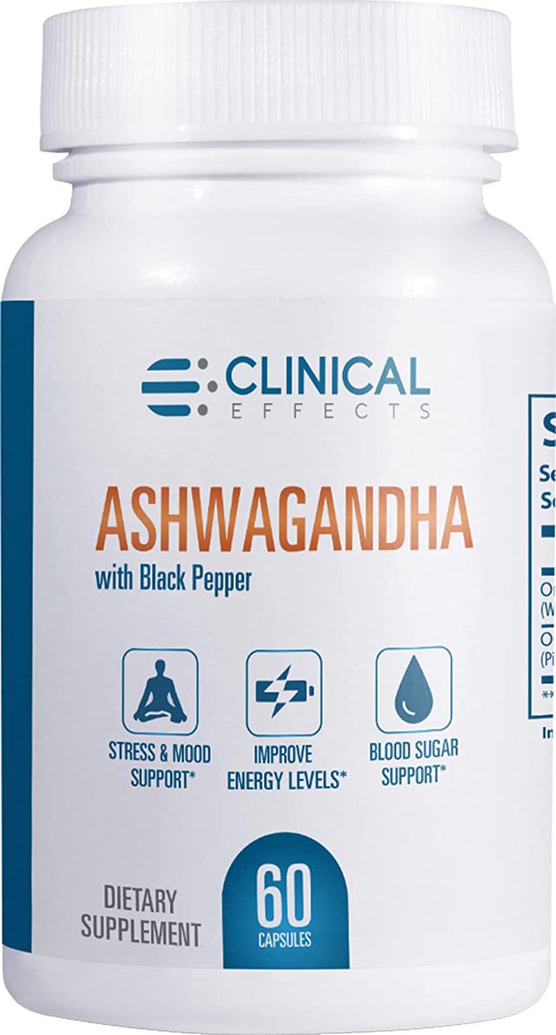 Clinical Effects: Organic Ashwagandha - Natural Stress Relief and Stamina Support - 60 Capsules - with Black Pepper for Enhanced Absorption - No GMO - Suitable for Vegetarians - Made in The USA