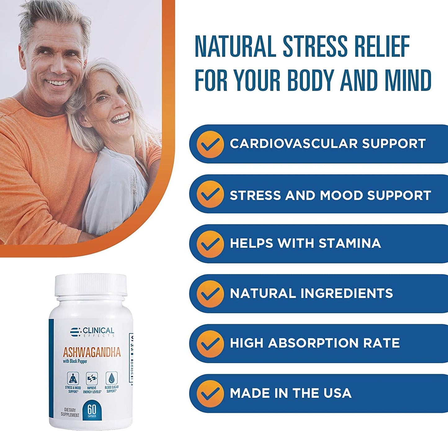 Clinical Effects: Organic Ashwagandha - Natural Stress Relief and Stamina Support - 60 Capsules - with Black Pepper for Enhanced Absorption - No GMO - Suitable for Vegetarians - Made in The USA