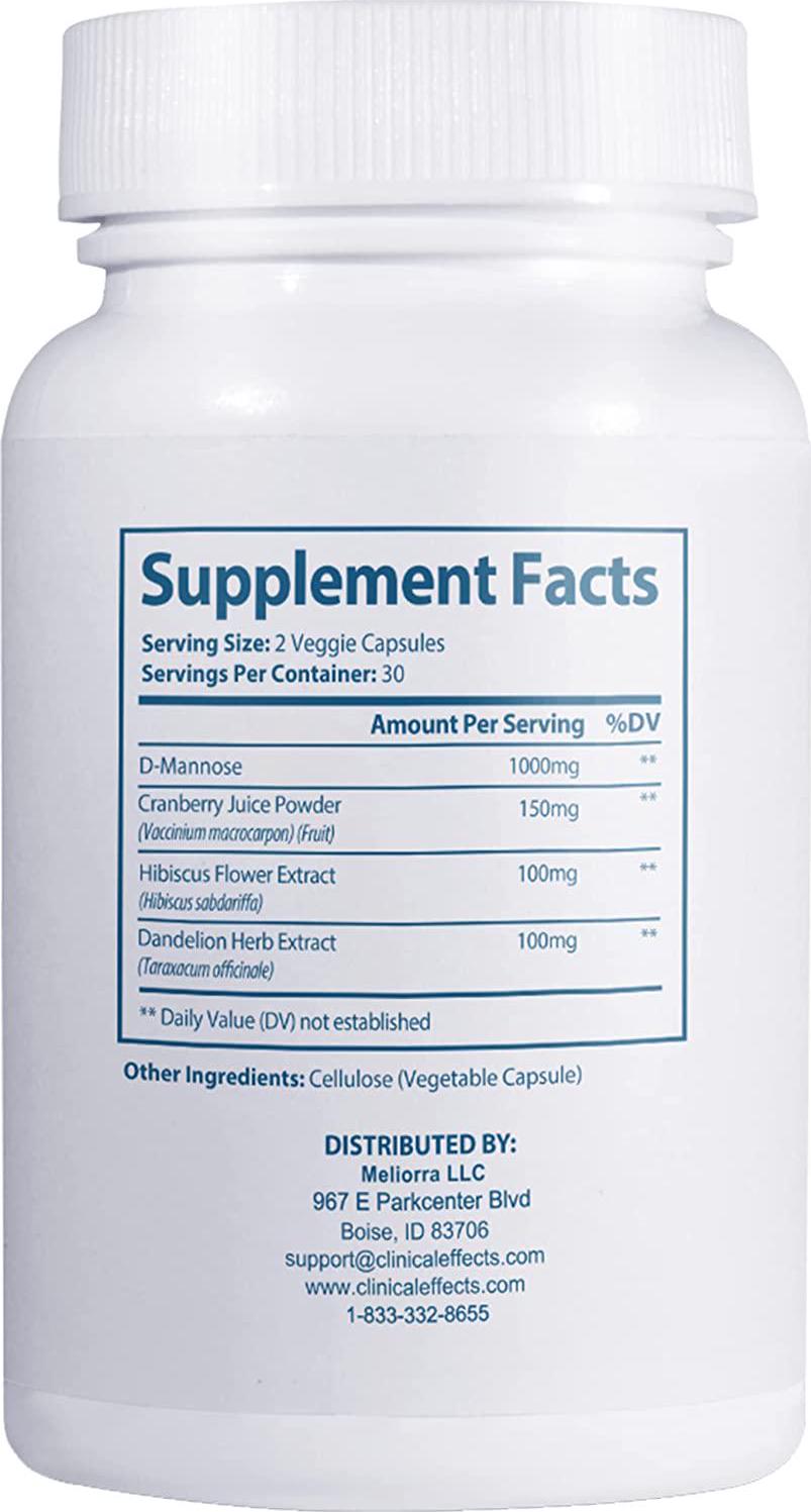 Clinical Effects UT Support - Natural Cleansing Support - 1000mg D Mannose with Cranberry, Dandelion, Hibiscus Extract - Urinary Tract Cleanse and Immune Support - 60 Veggie Capsules - Made in the USA