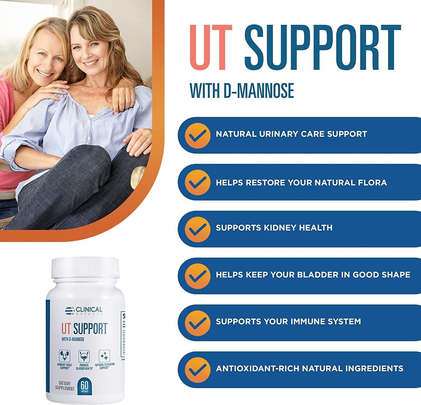 Clinical Effects UT Support - Natural Cleansing Support - 1000mg D Mannose with Cranberry, Dandelion, Hibiscus Extract - Urinary Tract Cleanse and Immune Support - 60 Veggie Capsules - Made in the USA