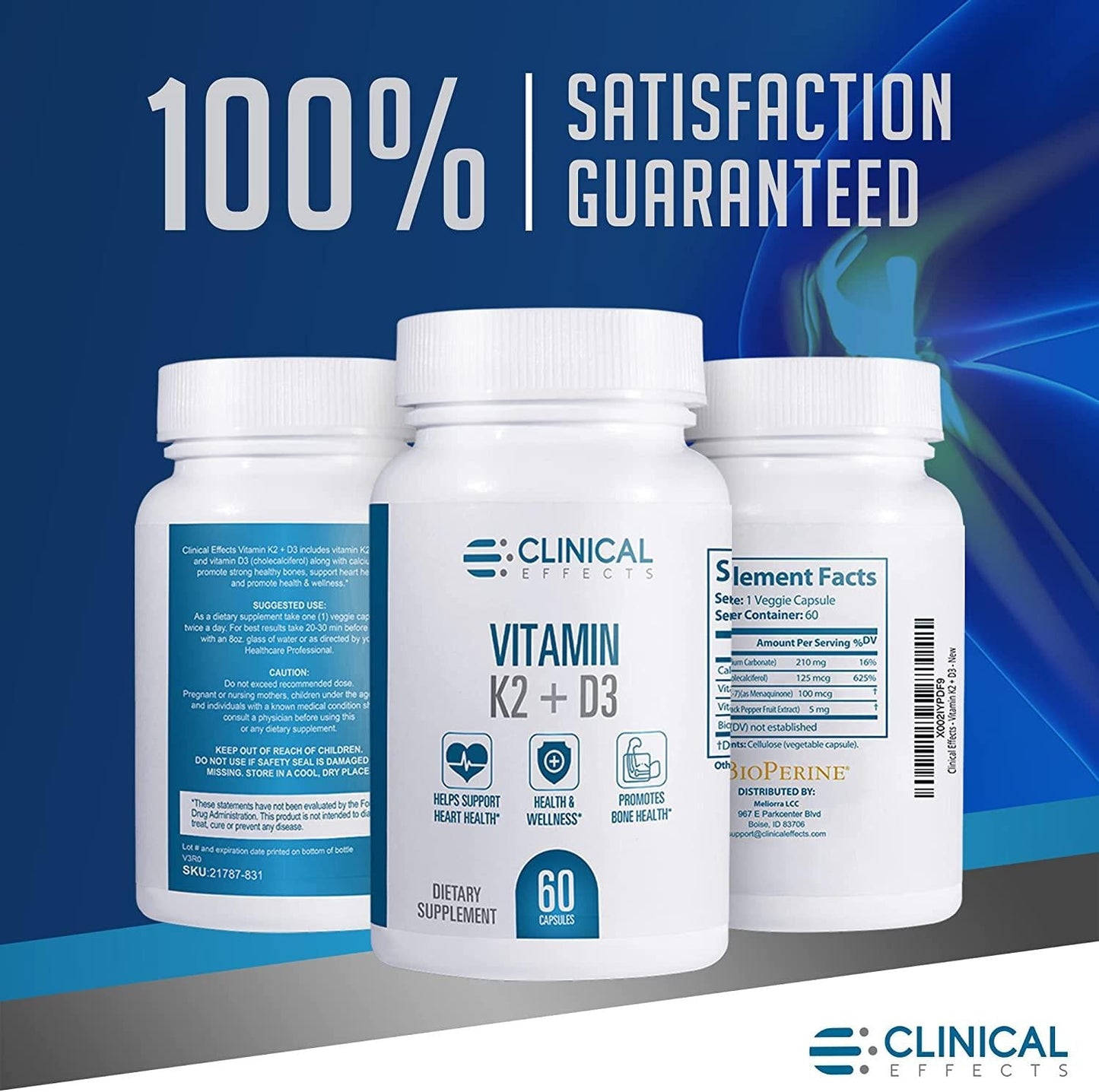 Clinical Effects Vitamin K2 + D3 - K2 + D3 Vitamin Supplement with Bioperine Black Pepper Extract and Calcium for Bone and Heart Health Support - 3 Pack - Max Absorption - Made in The USA