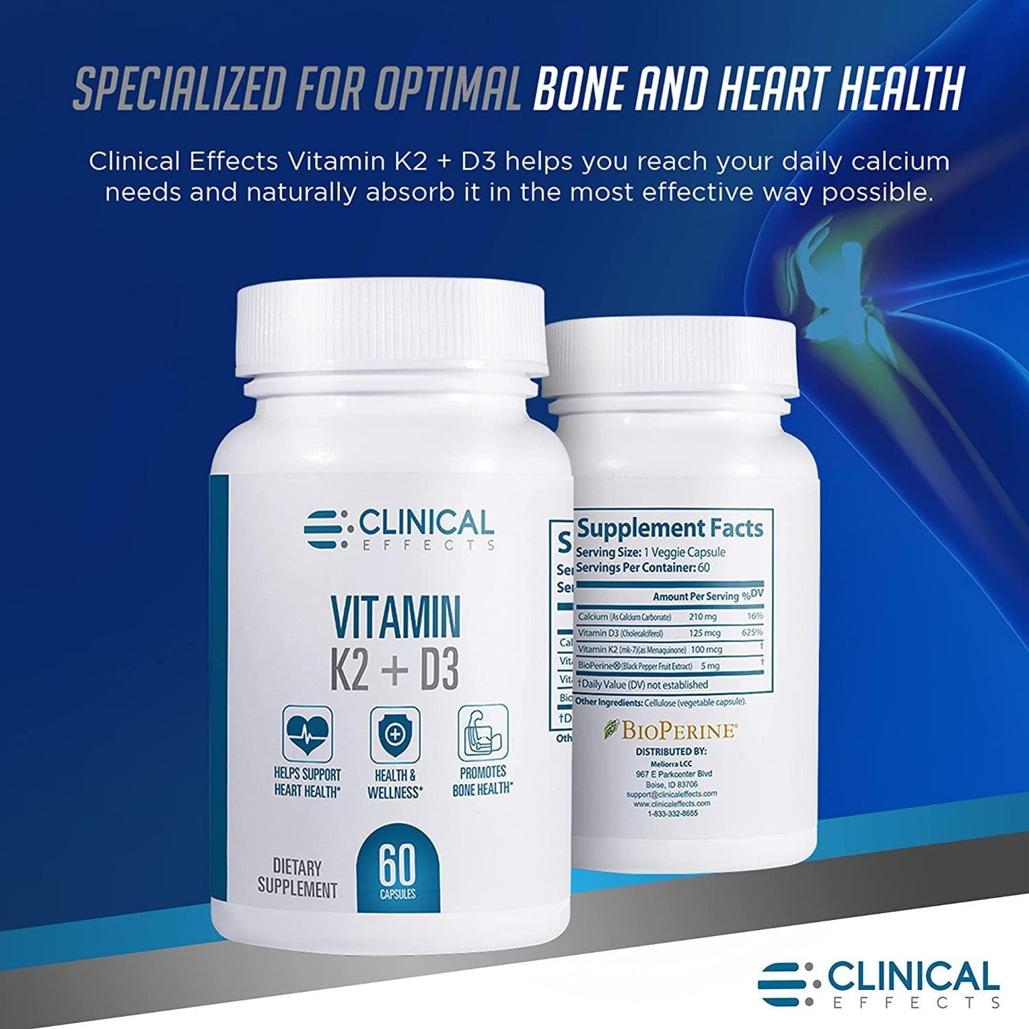 Clinical Effects: Vitamin K2 + D3 - Vitamin K2, Vitamin D3 Supplement with Bioperine Black Pepper Extract and Calcium for Bone and Heart Health Support - 60 Capsules - Max Absorption - Made in the USA